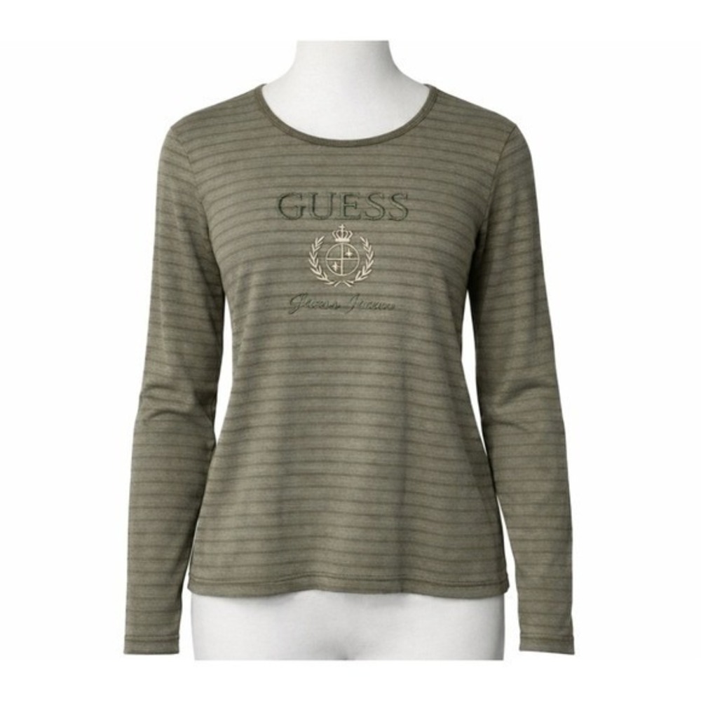 GUESS Jeans Womens Striped Long Sleeve Top Green Embroideredā Logo Crew Neck